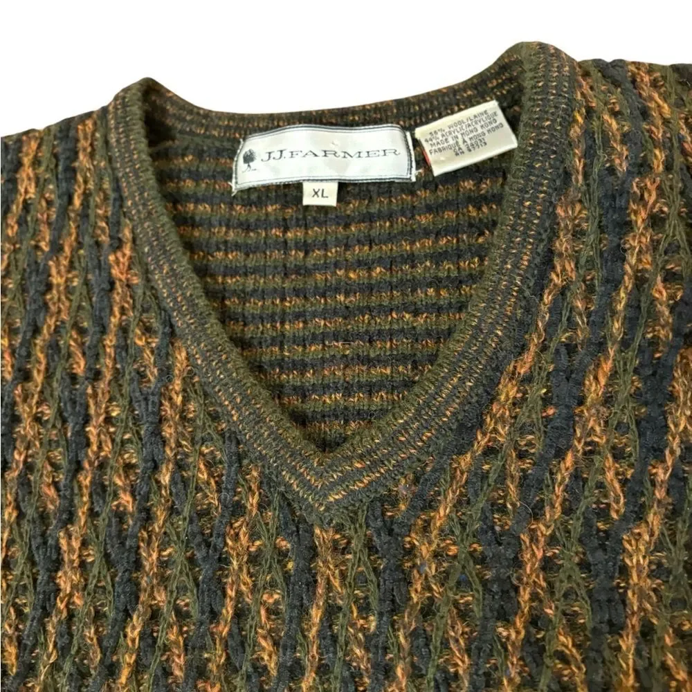 JJ Farmer Vintage Wool Blend Sweater Textured Knit V Neck Retro Mens Size XL